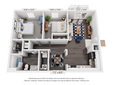 Floor plan for 2 beds, 1 bath, 972 sqft